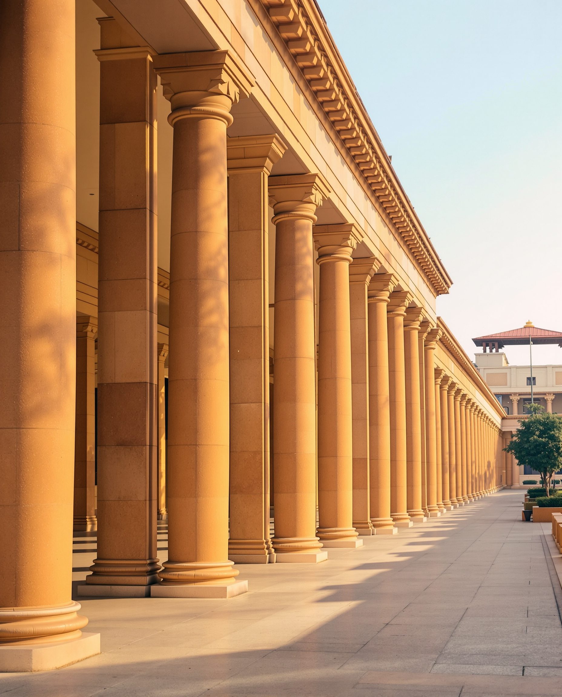 A colonnade of warm sandstone piers along a civic building, casting rhythmic shadows