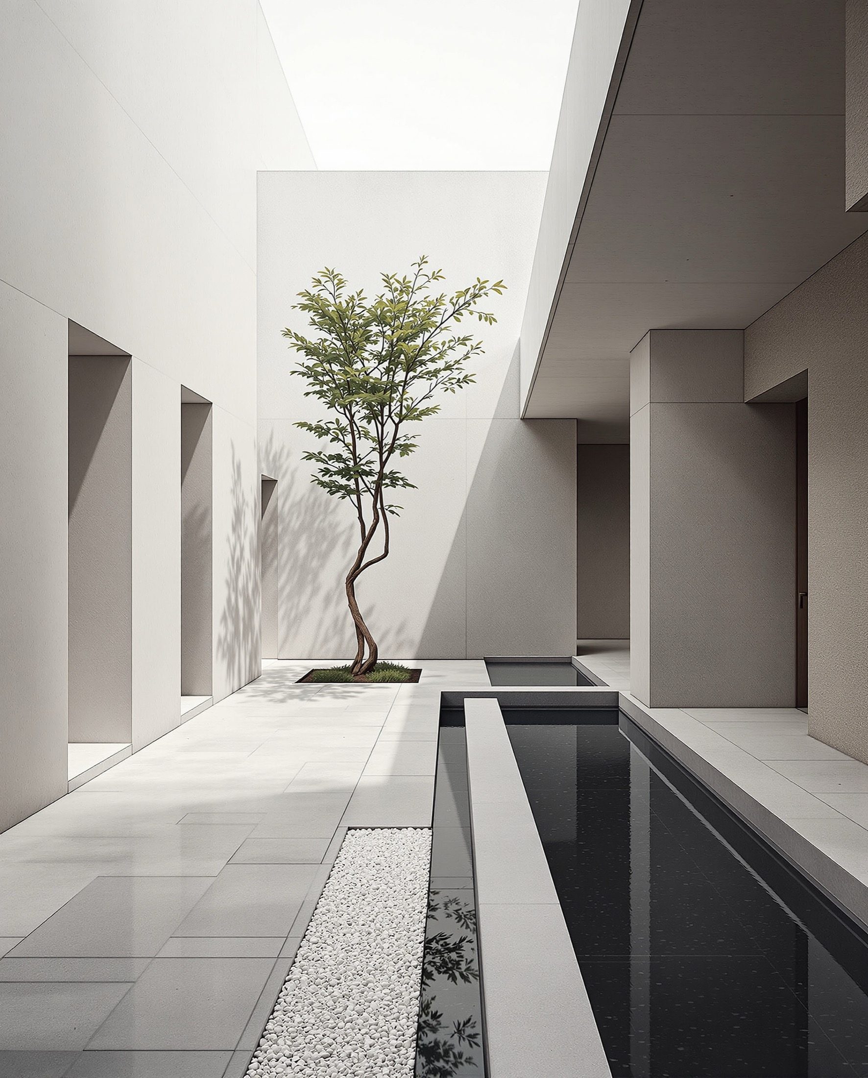 A serene modern Indian courtyard with a single tree and a still water channel