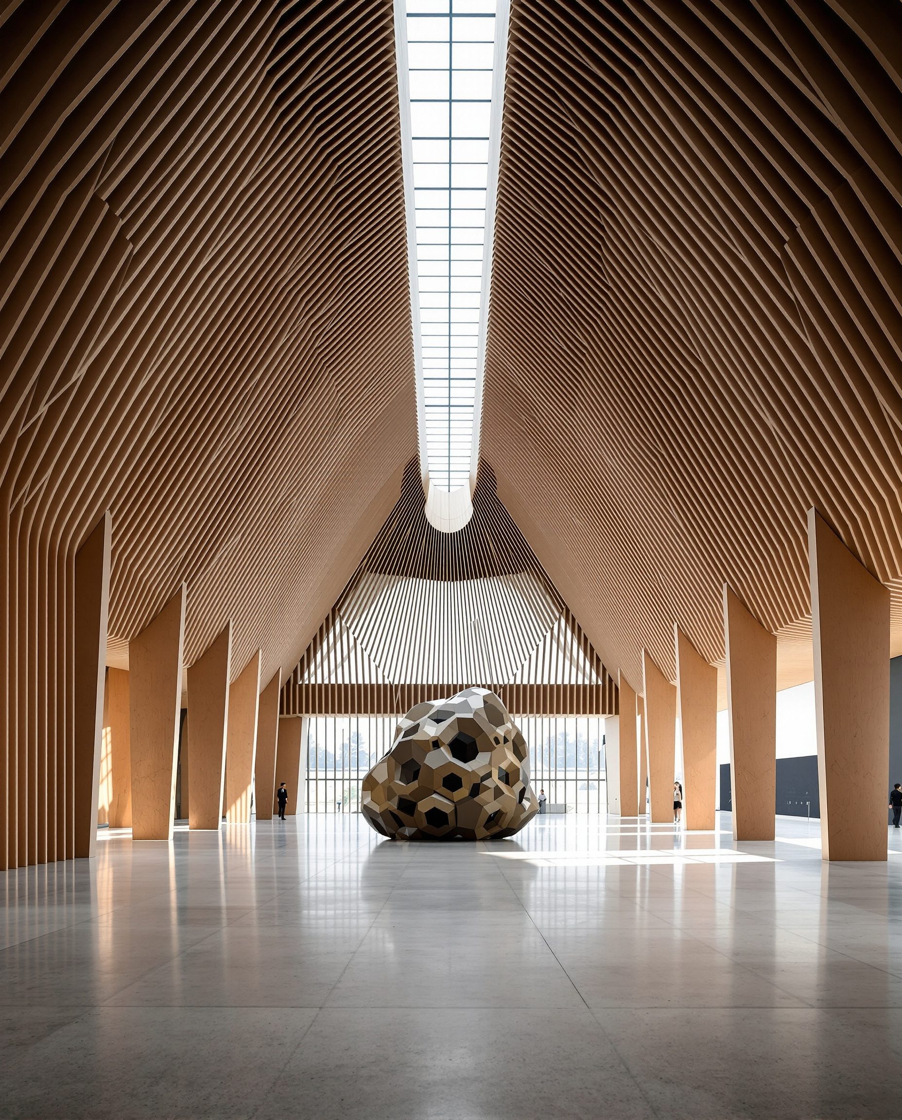 A contemporary architecture exhibition pavilion with a sweeping timber-slat ceiling and a sculptural installation