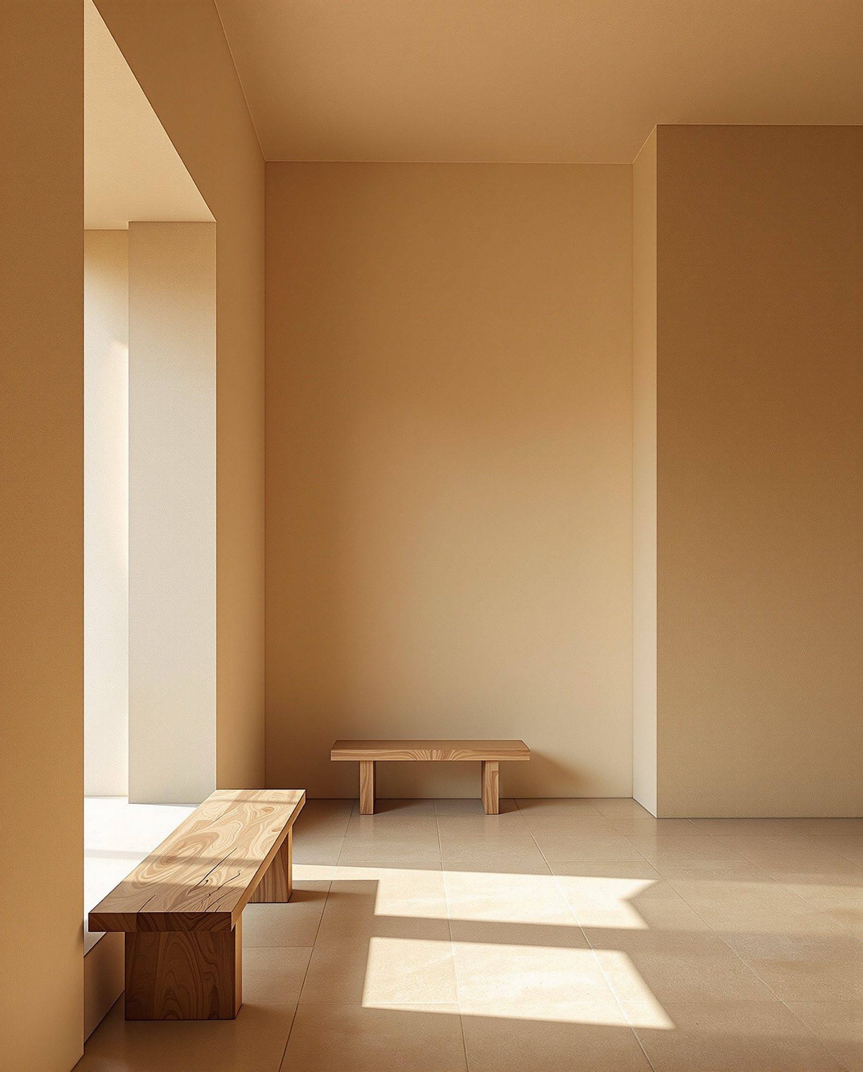 A minimal warm Indian interior with lime plaster and timber