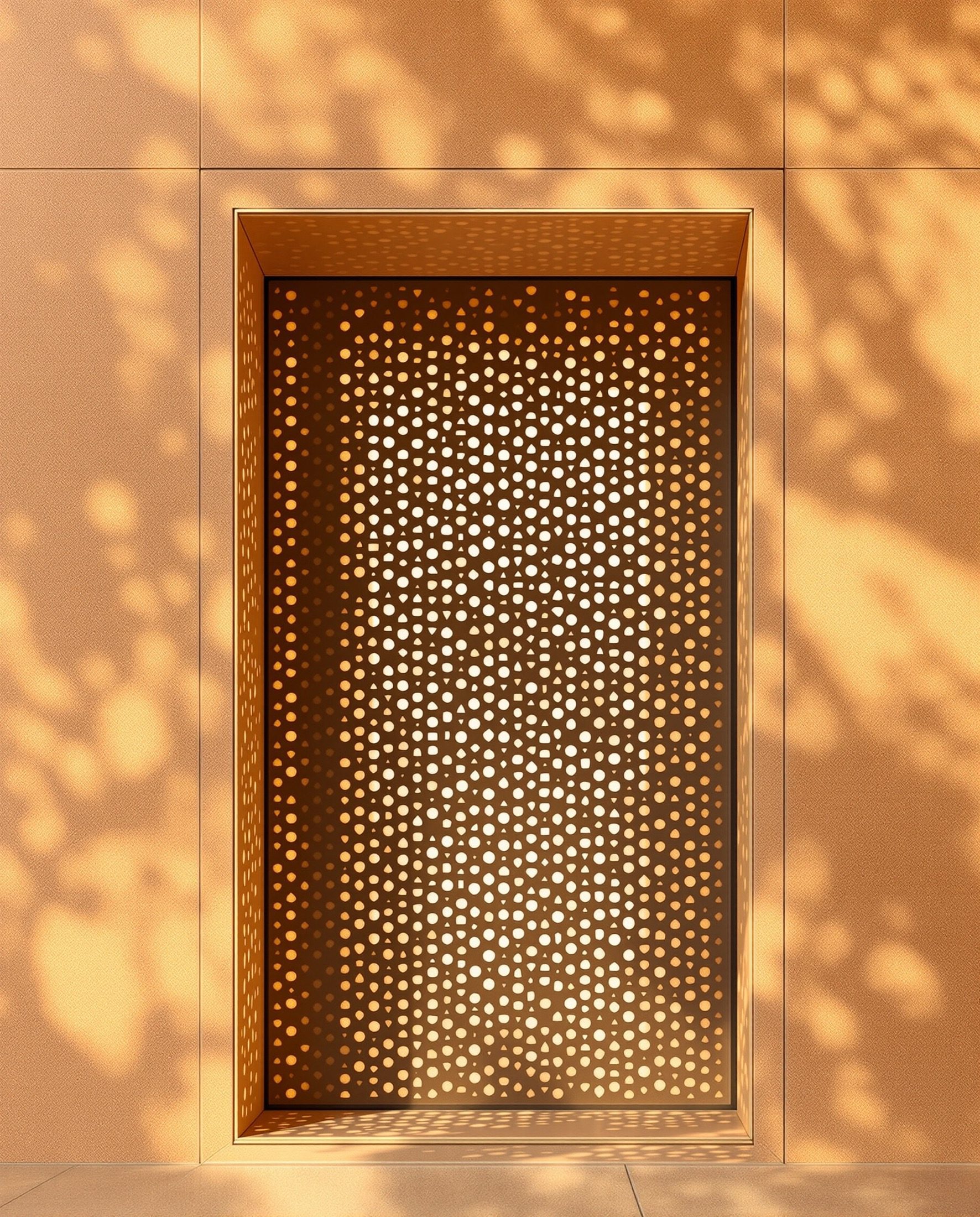 A perforated stone jaali screen casting geometric shadows