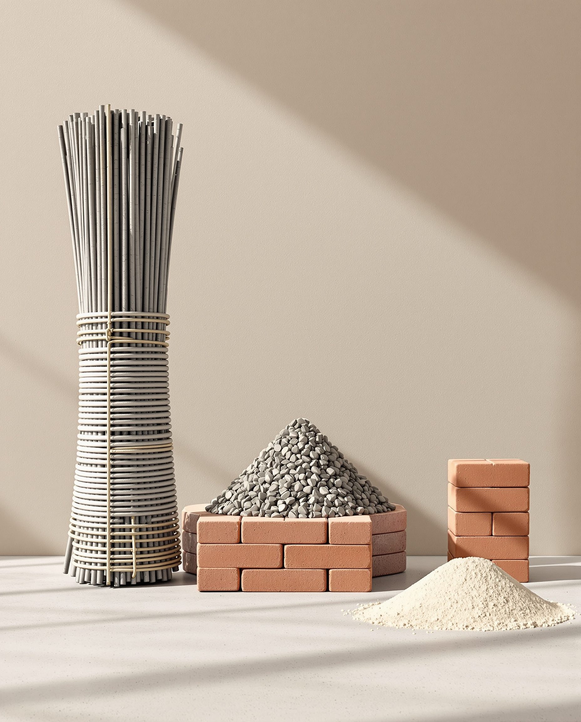 A still life of building materials — a bundle of TMT steel bars, a heap of stone aggregate, red bricks and a mound of sand