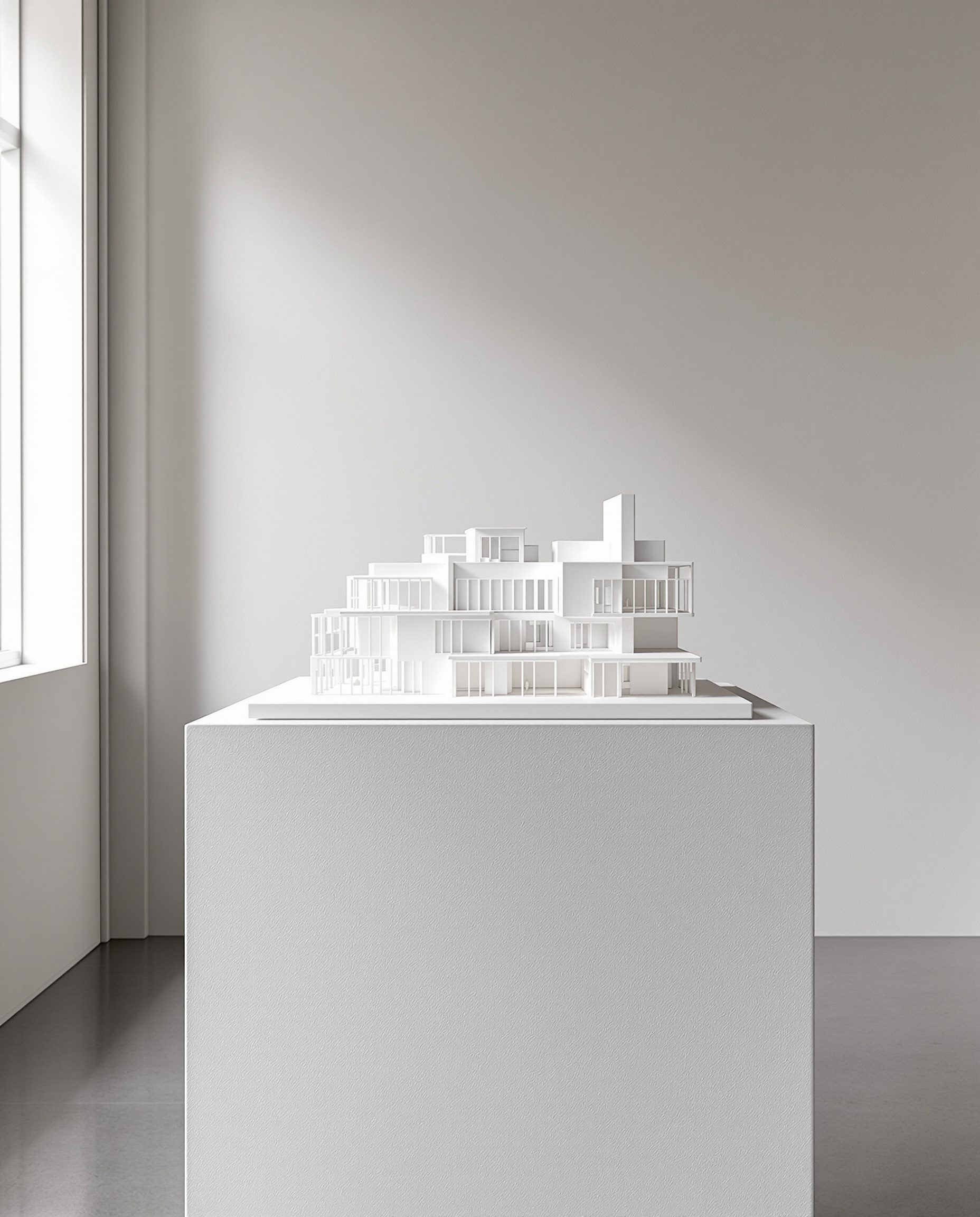 A white architectural scale model on a gallery plinth under soft museum light