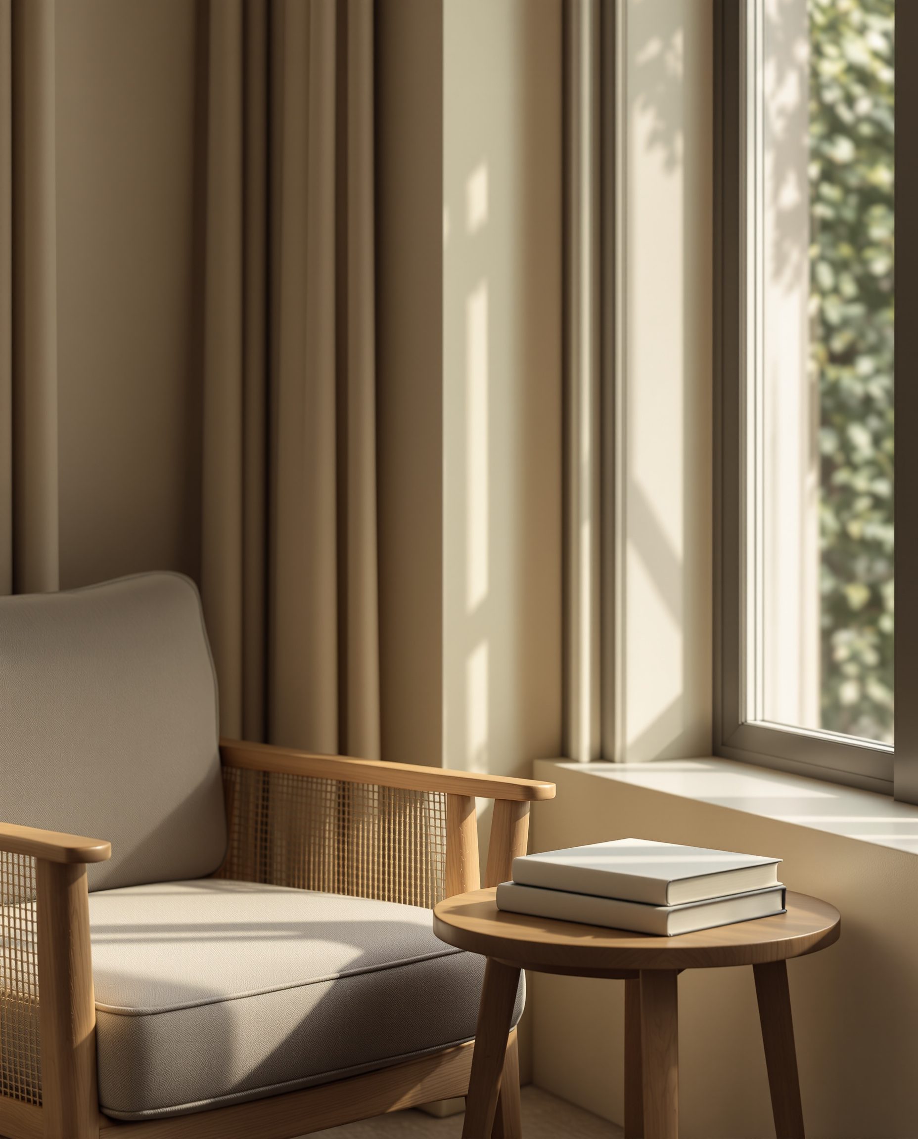 A quiet reading corner — an armchair beside a tall window with a small stack of books