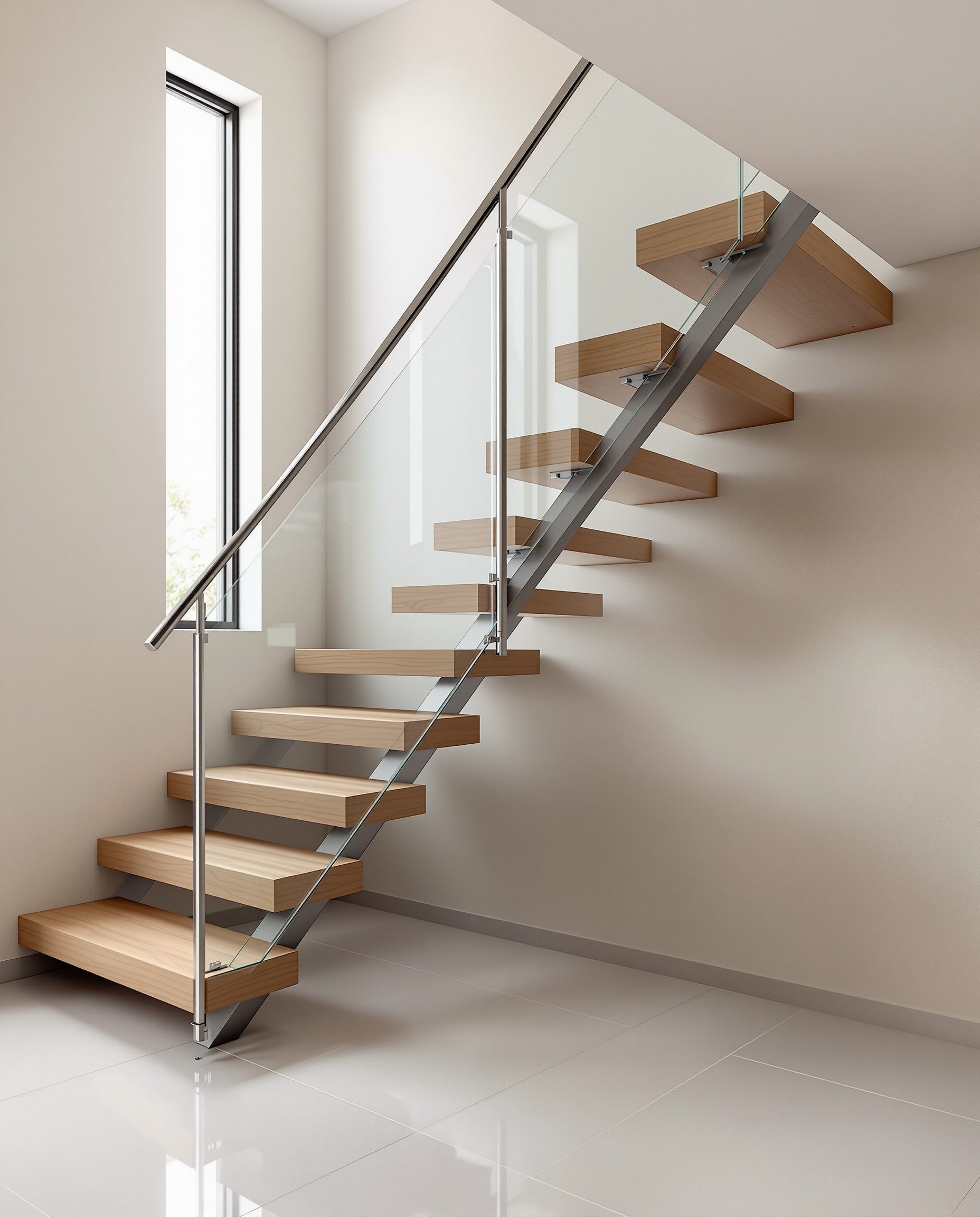 A sculptural cantilevered concrete staircase under a skylight