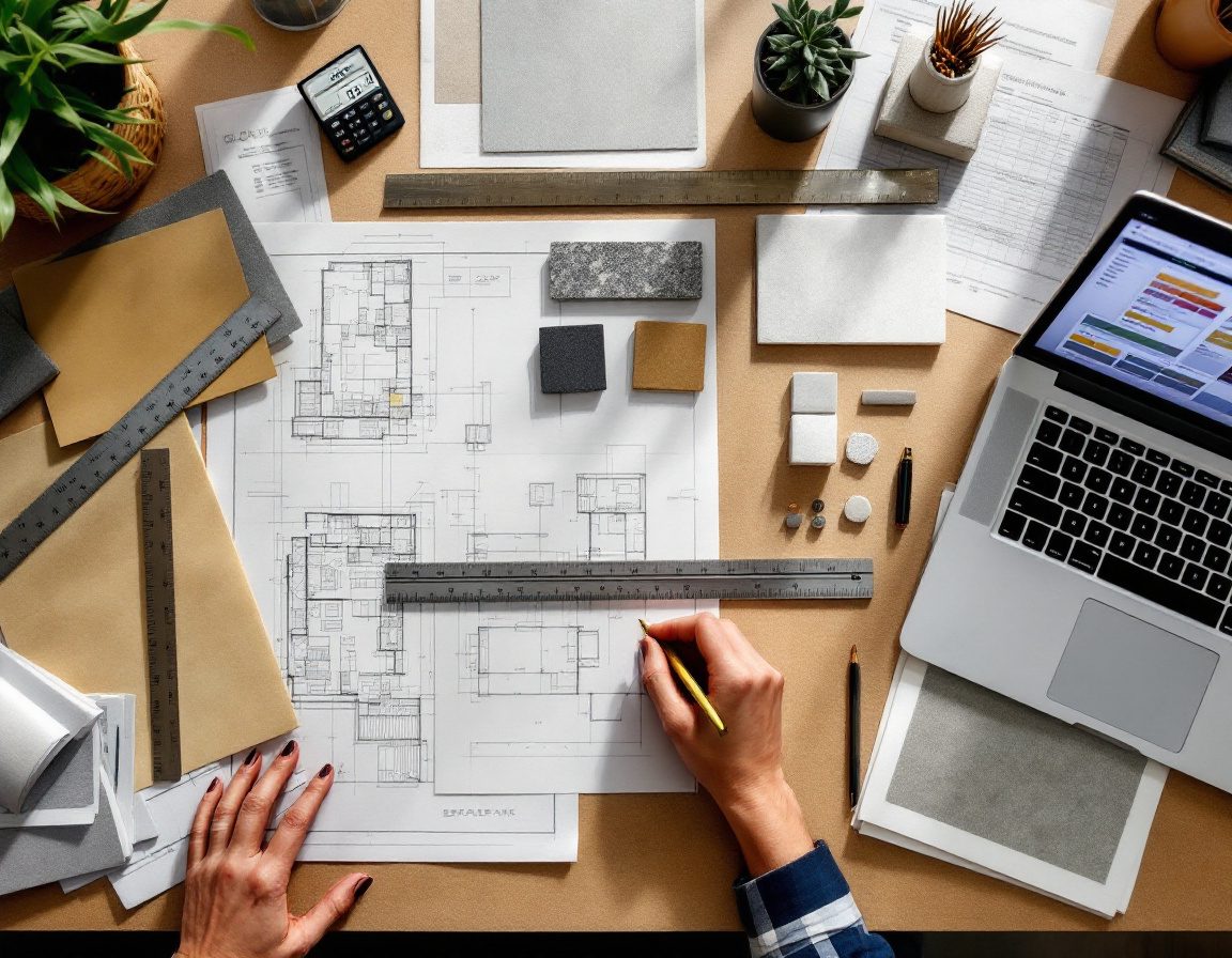 An architect's desk — drawings, scale rules, material swatches and a laptop schedule