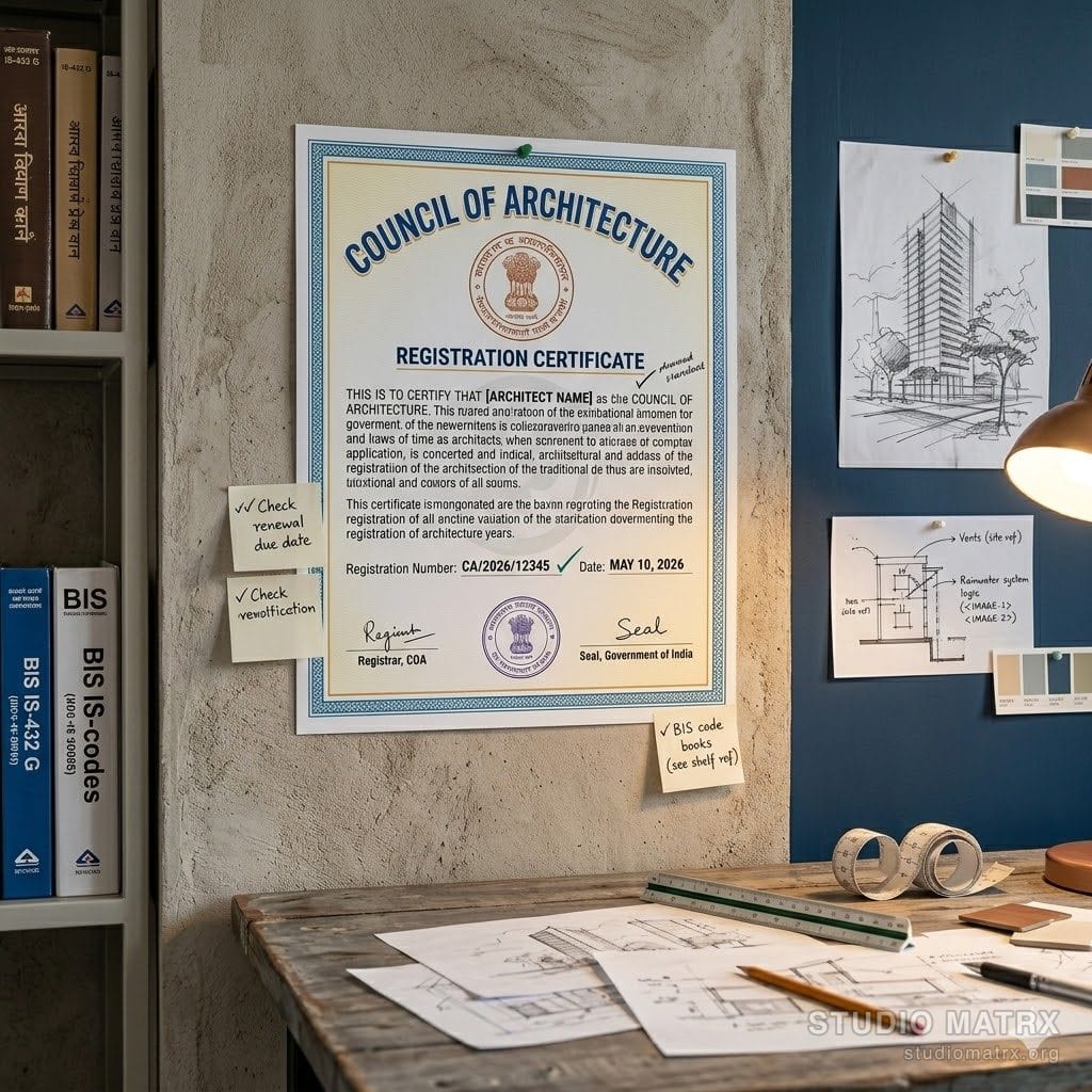 Council of Architecture certificate displayed in architect's office