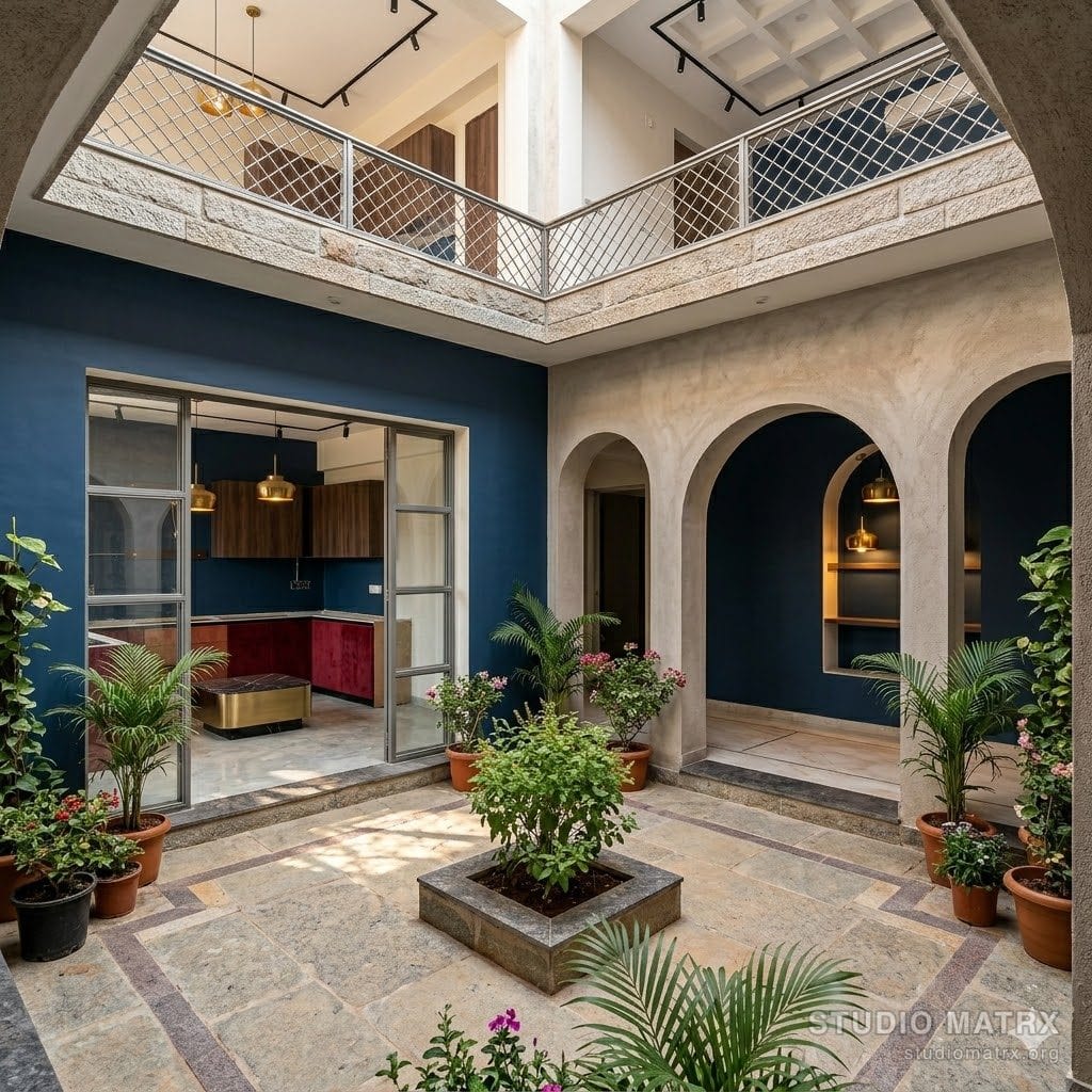 Traditional Indian courtyard with planted central space