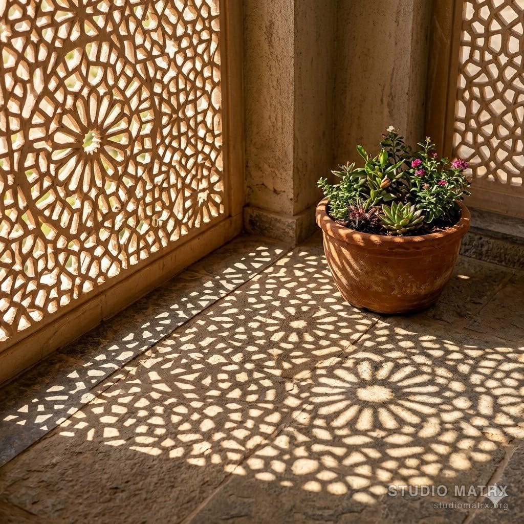 Indian jaali screen casting patterned shadows
