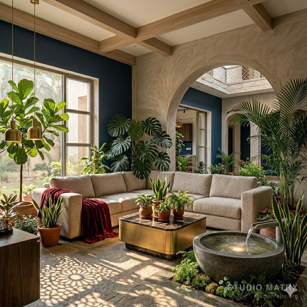 Indoor water feature in a contemporary Indian home