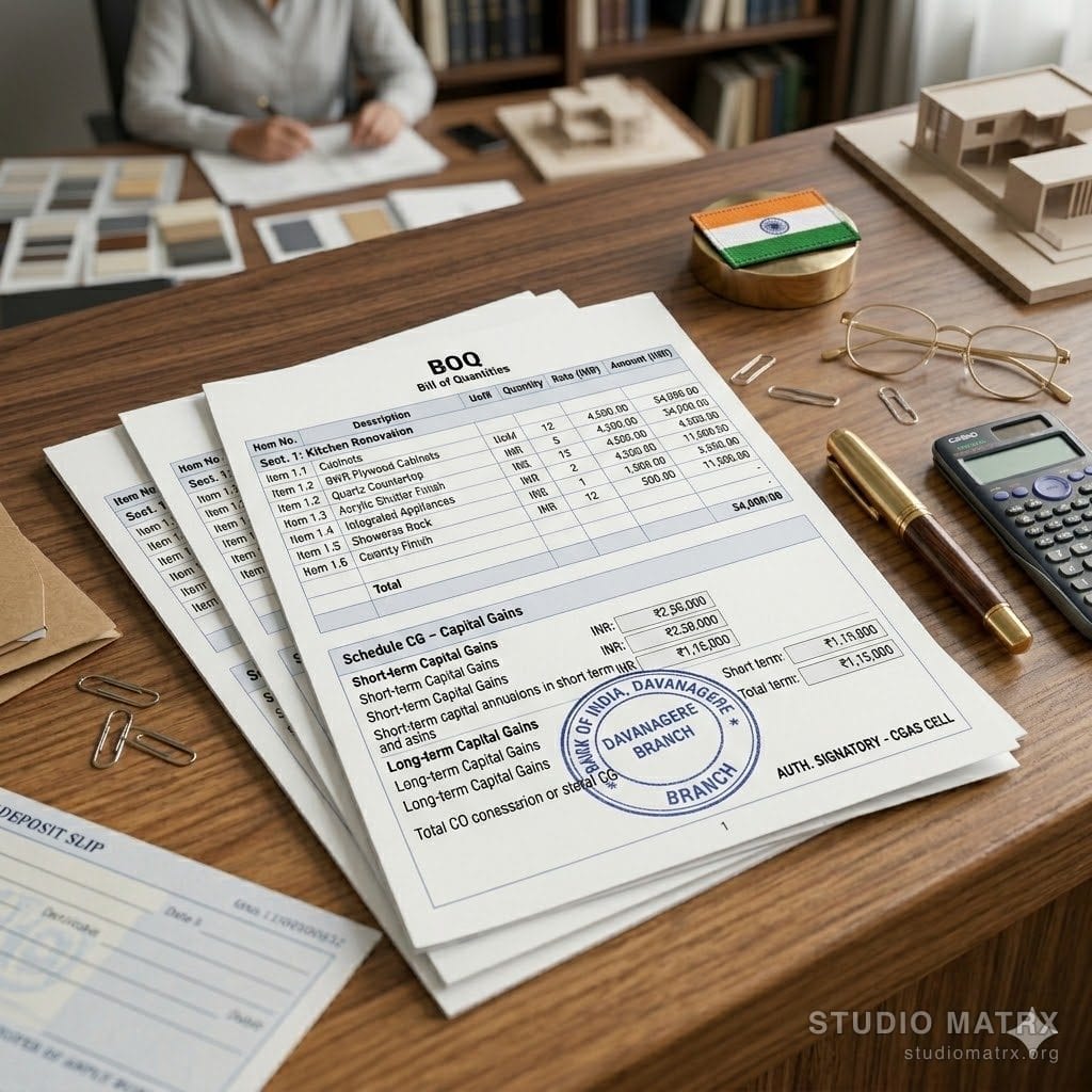 Printed BOQ document on a designer's desk