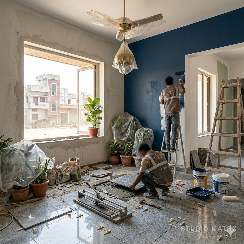 Finishing phase: plaster + tiling + painting