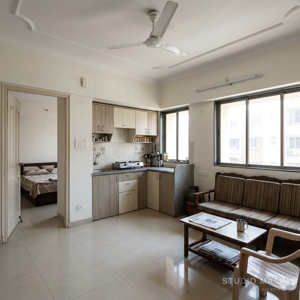 Basic-finish Indian apartment living room with local brand materials
