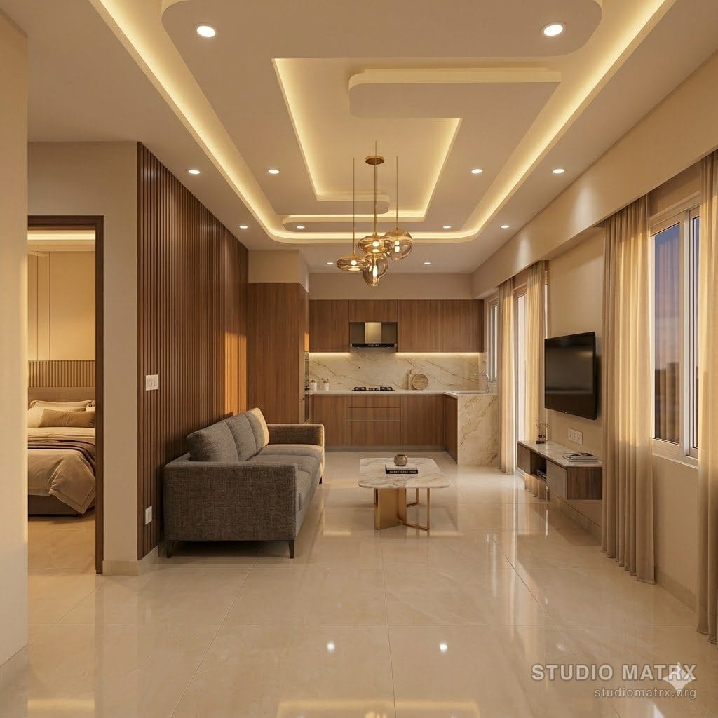 Premium-finish Indian apartment living room with custom detailing