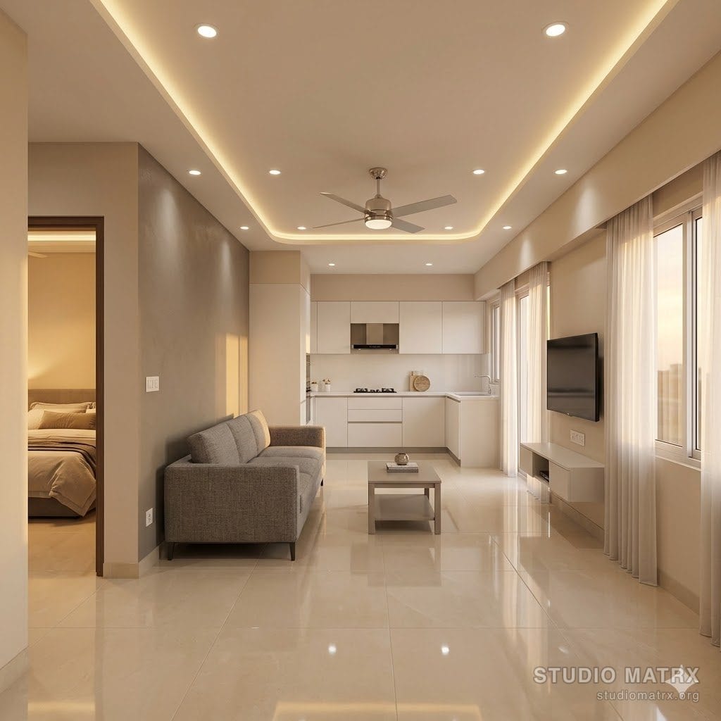 Standard-finish Indian apartment living room with reputed brand materials