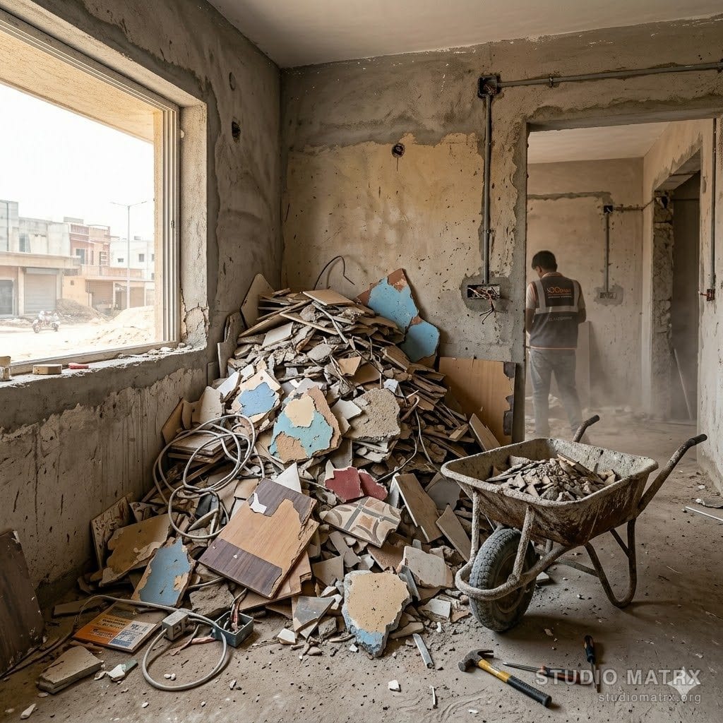 Demolition debris in an Indian apartment renovation