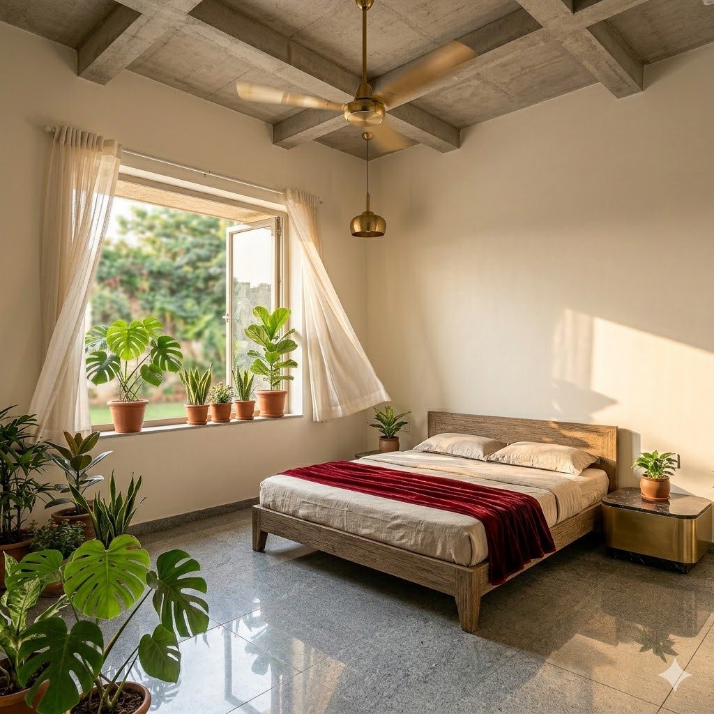 Mixed-mode ventilation: ceiling fan + open window in an Indian room
