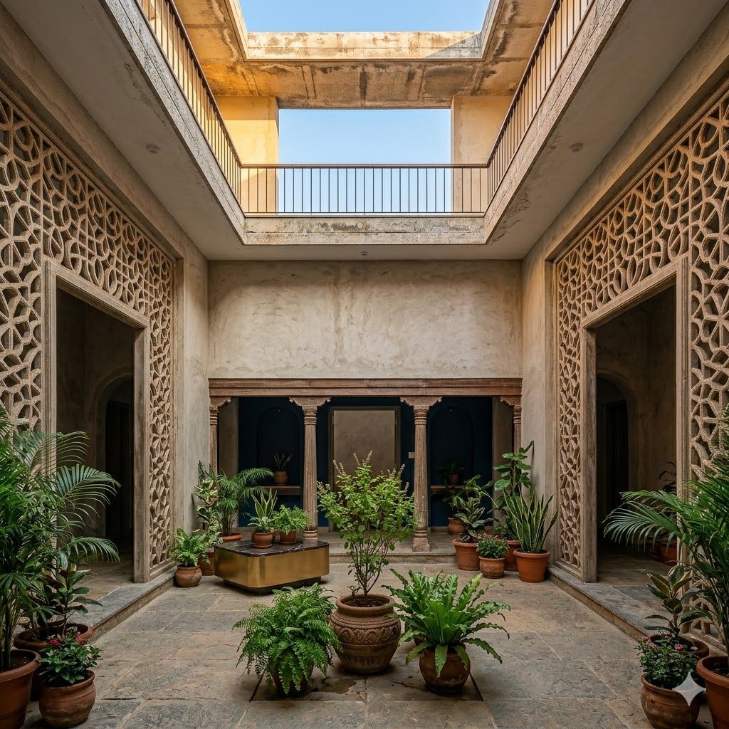 Open courtyard creating stack-ventilation in an Indian home