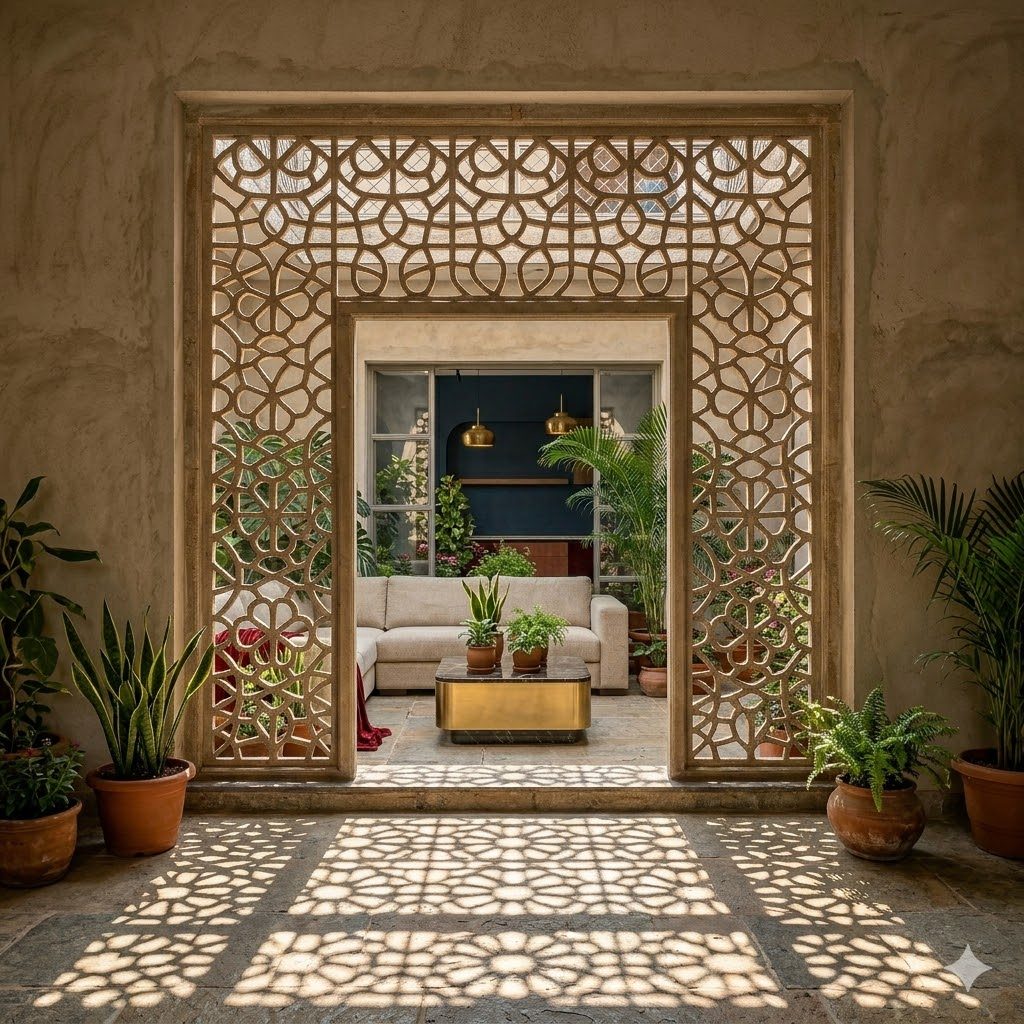 Permanent jaali screen for cross-ventilation in a courtyard wall