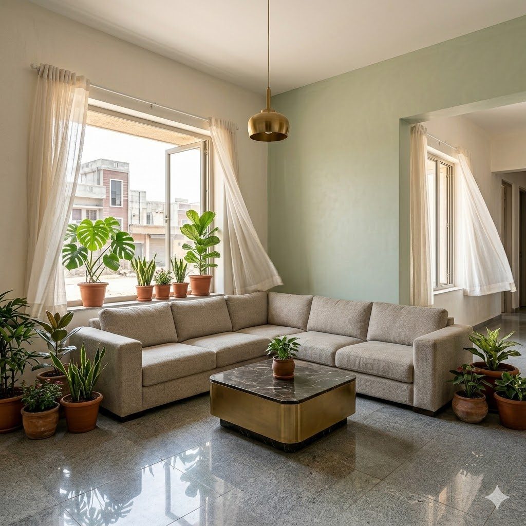 Open windows on opposite walls of a sunlit Indian living room