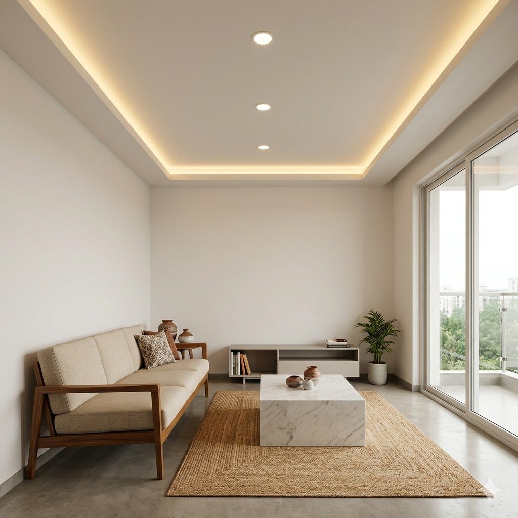 Cove gypsum ceiling in a warm-minimal living room with peripheral LED glow