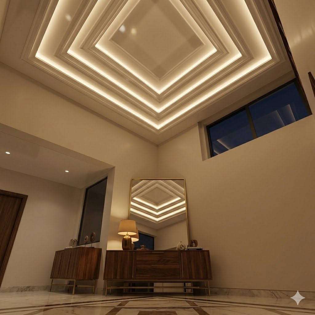 Designer multi-level gypsum ceiling with stepped coffer in a foyer