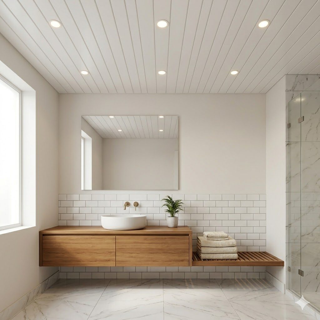 PVC tongue-and-groove ceiling in a modern bathroom