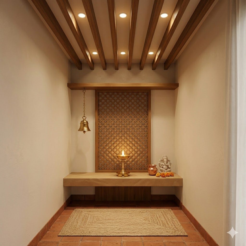 Wooden rafter ceiling in a small pooja room