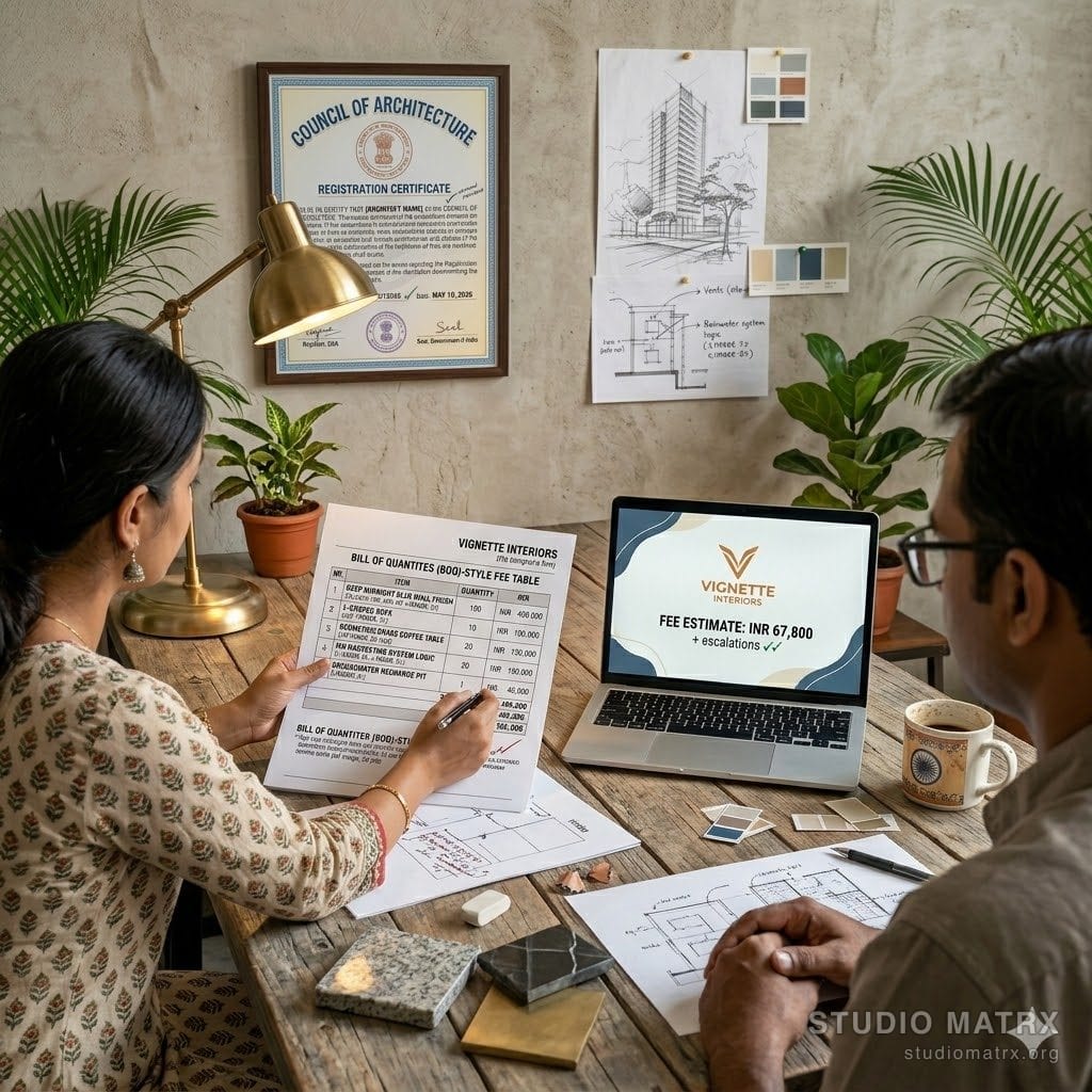 Designer pitching fee proposal to client