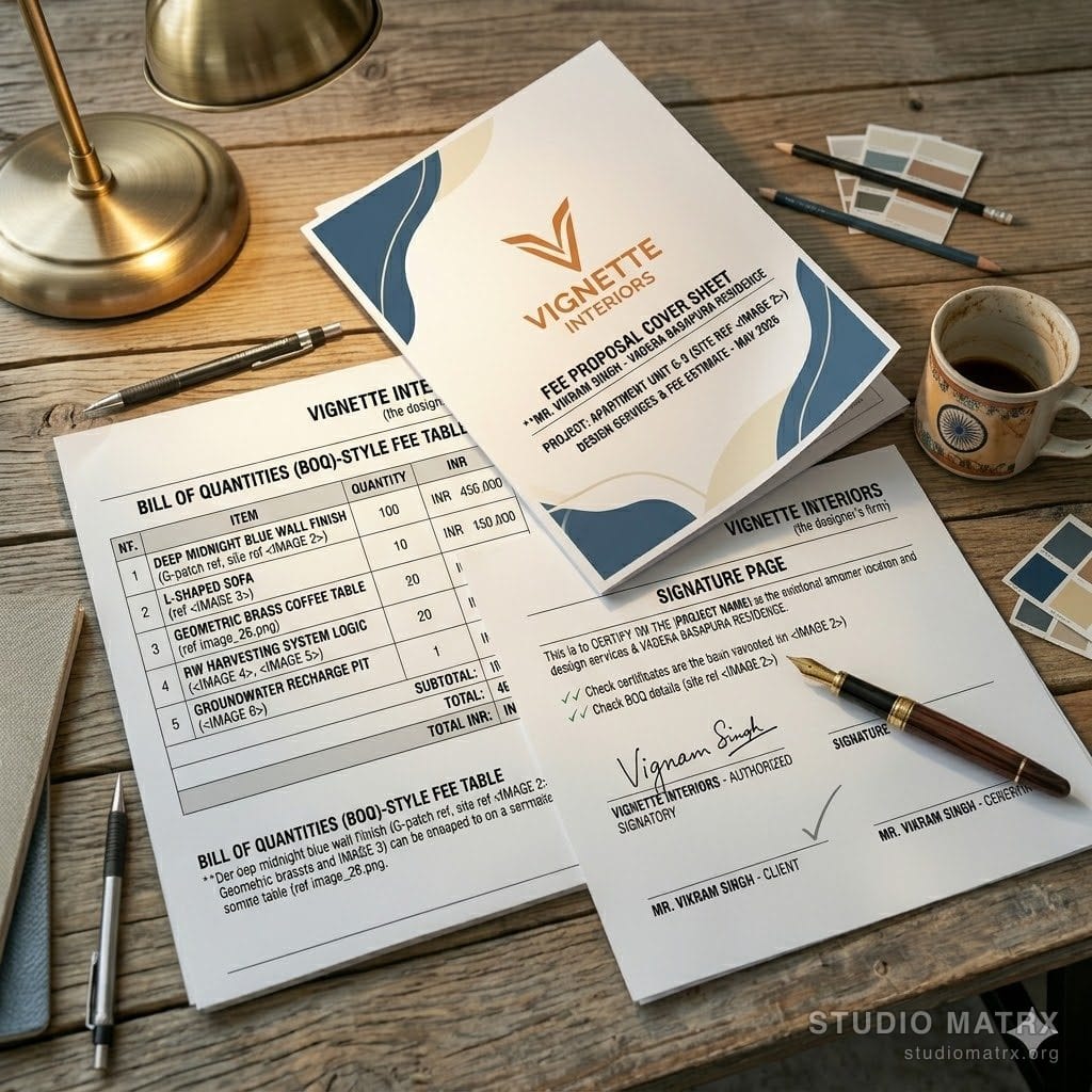 Printed fee proposal on a designer's desk
