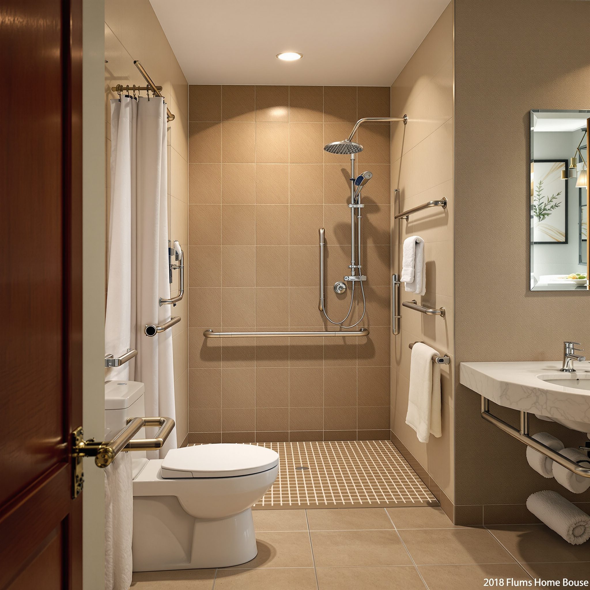 Accessible roll-in bathroom with grab rails