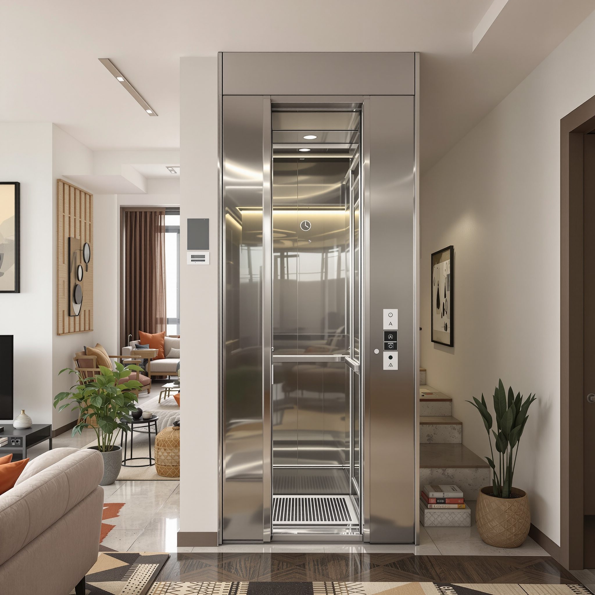 Enclosed home lift serving multiple floors