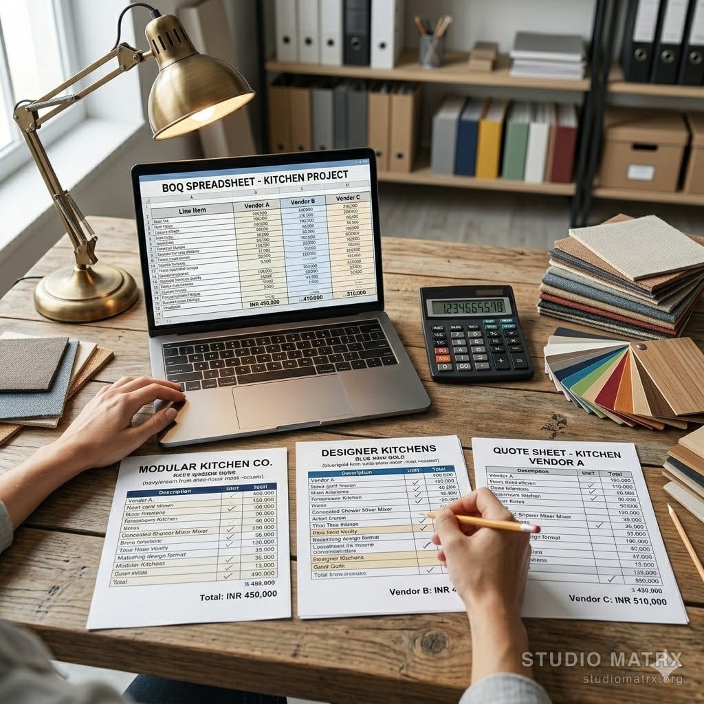 Designer reviewing 3 vendor quotes at a desk