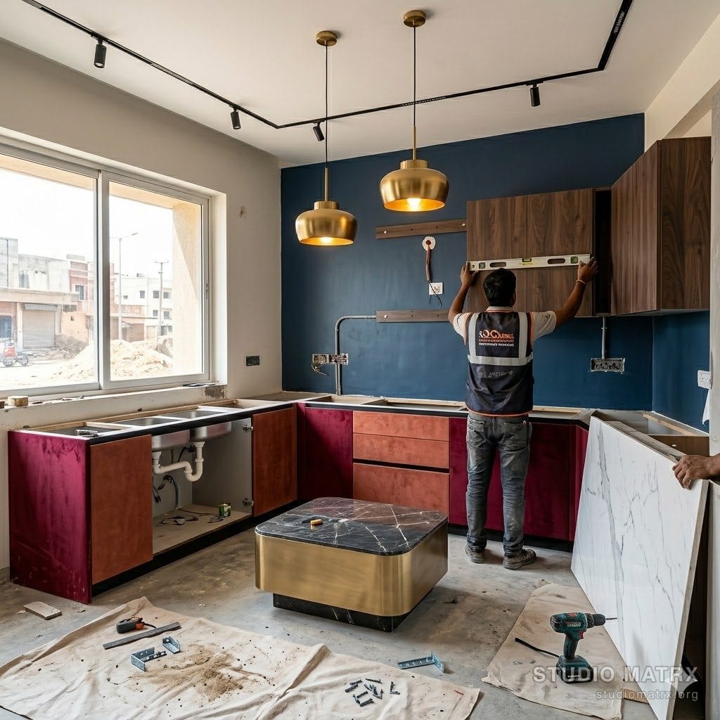 Modular kitchen being installed on site
