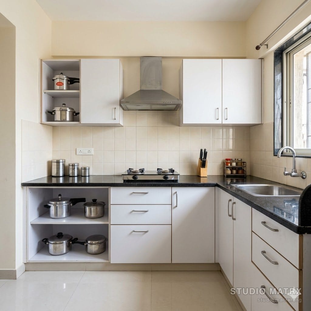 Basic modular kitchen with laminate shutters