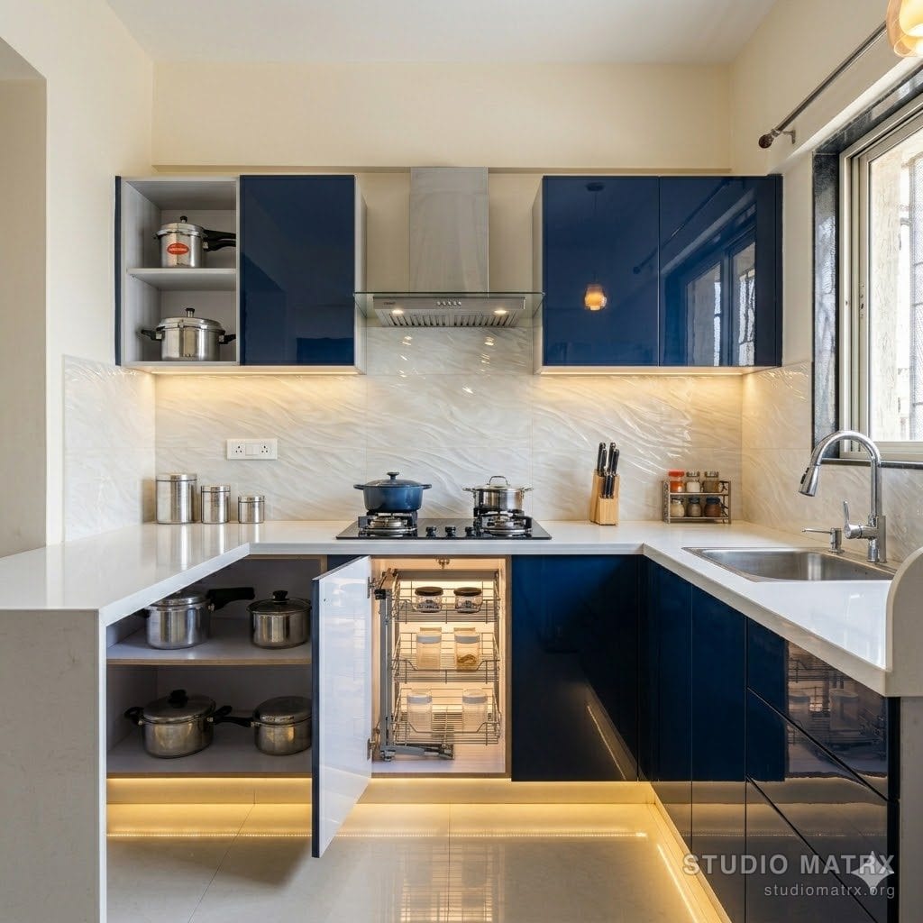 Premium modular kitchen with acrylic shutters and Hettich hardware