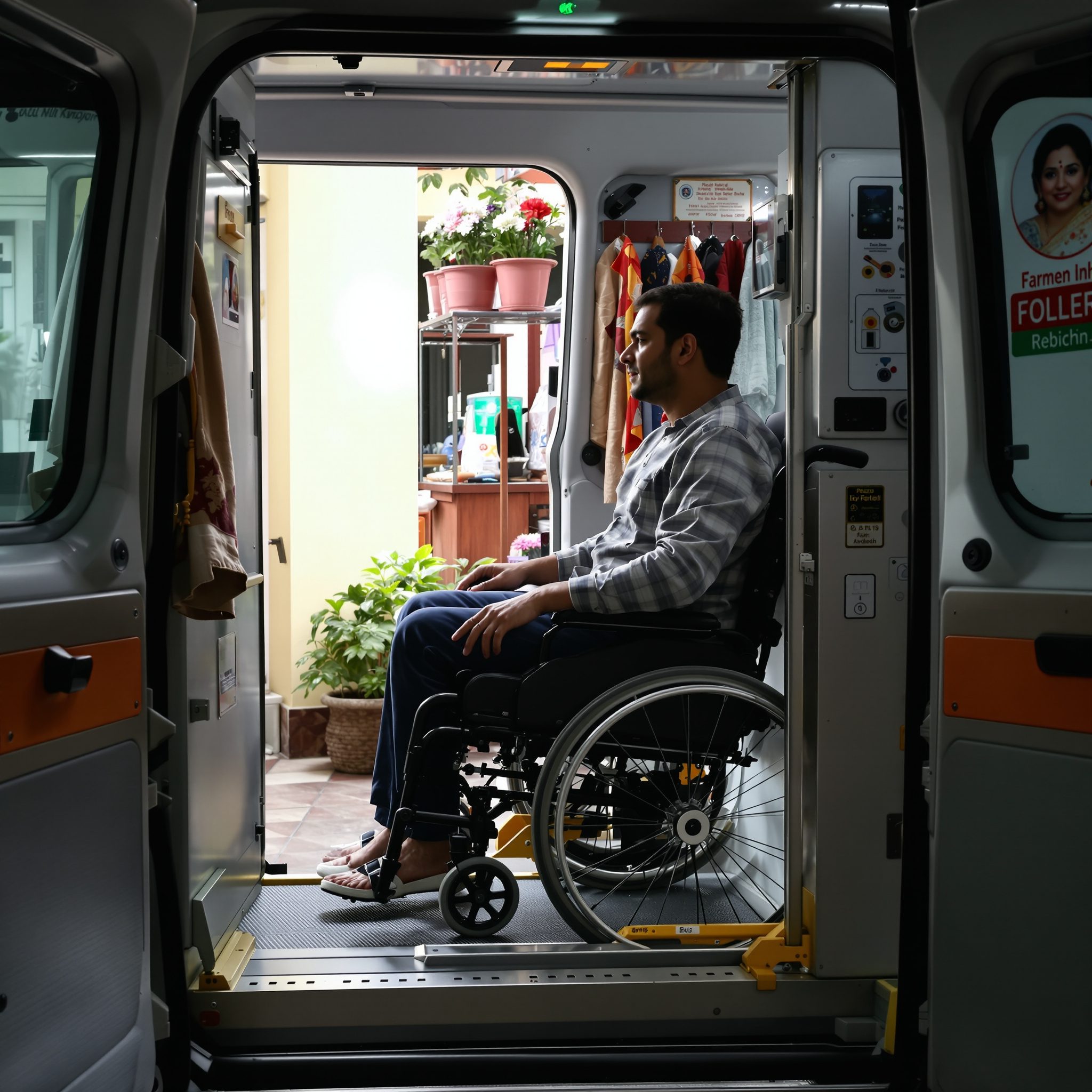 Wheelchair user inside an accessible lift car