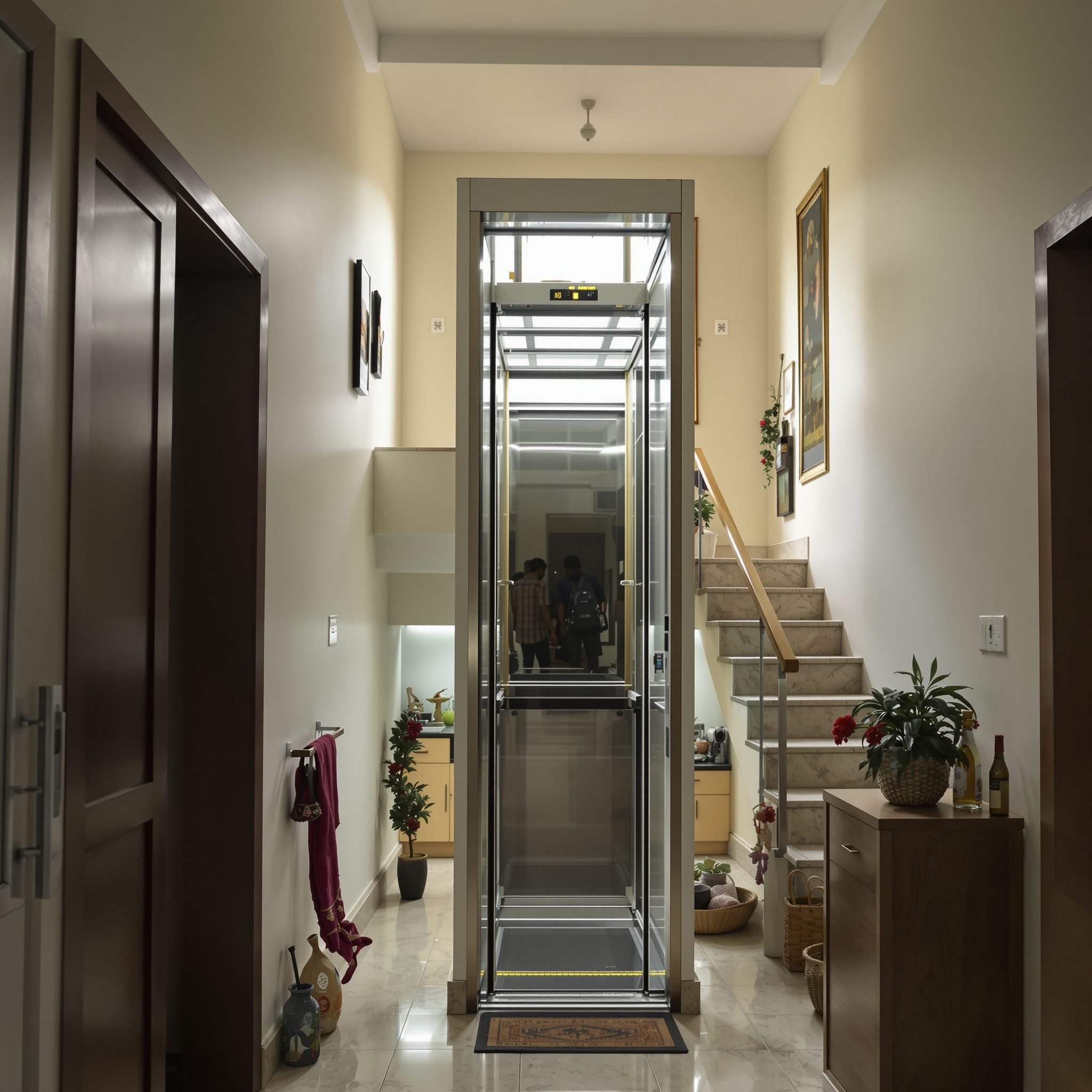 Lift car at the top landing of a home