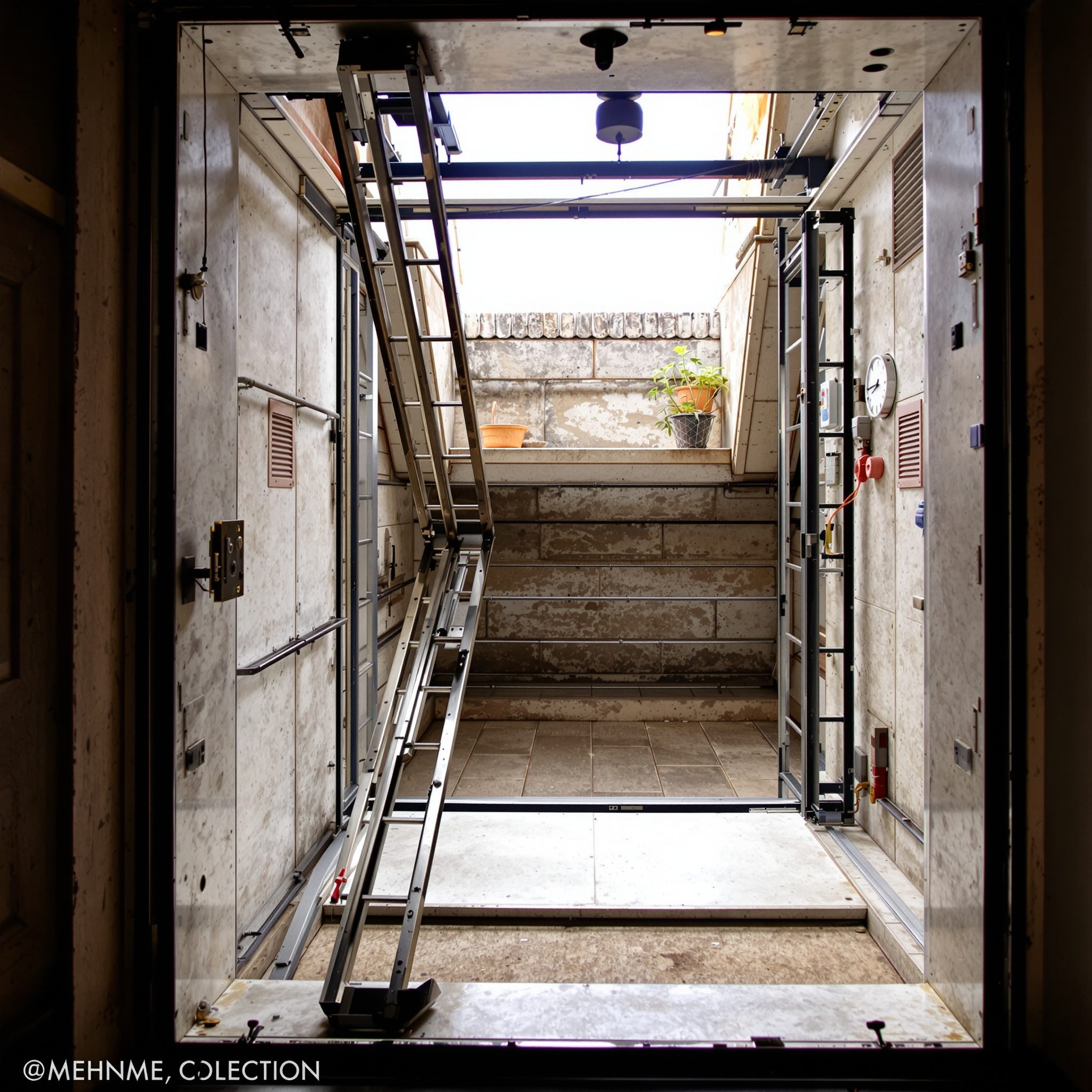 Top of a home lift shaft showing overhead clearance