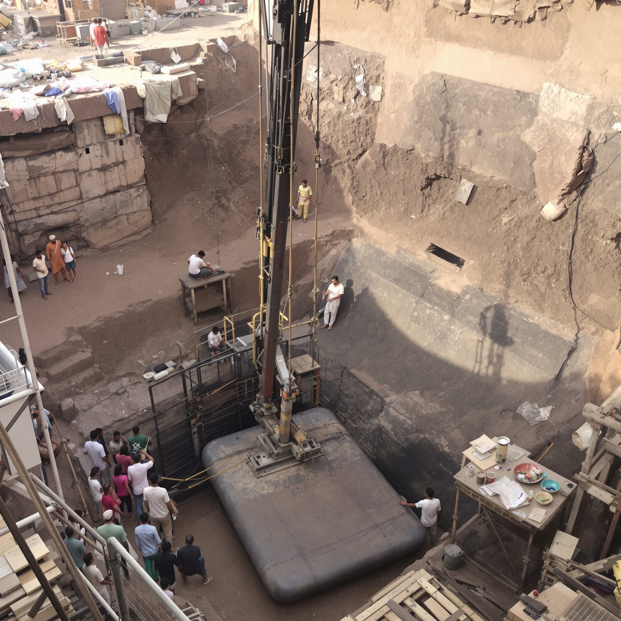 Lift car buffers at the base of a pit