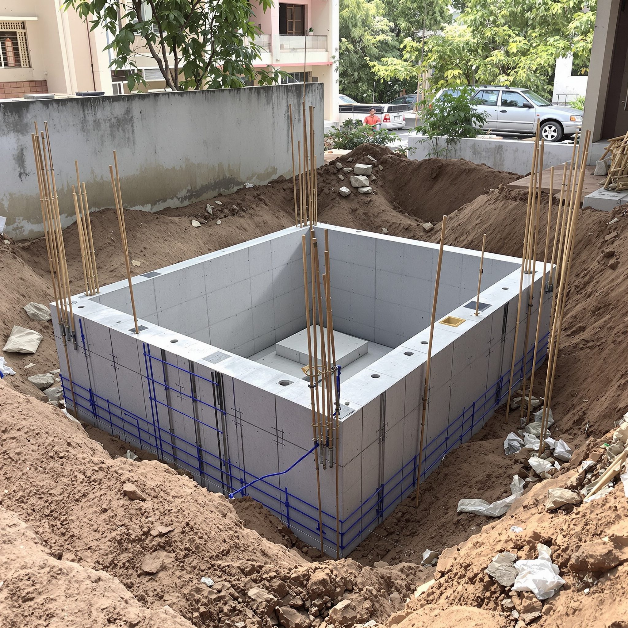 Waterproof RCC lift pit box under construction