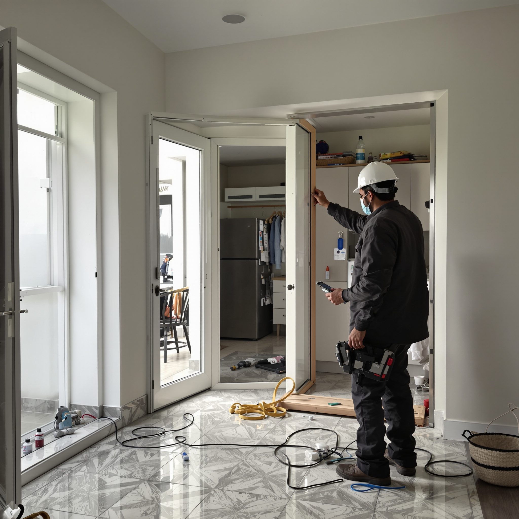 Technician inspecting a home lift