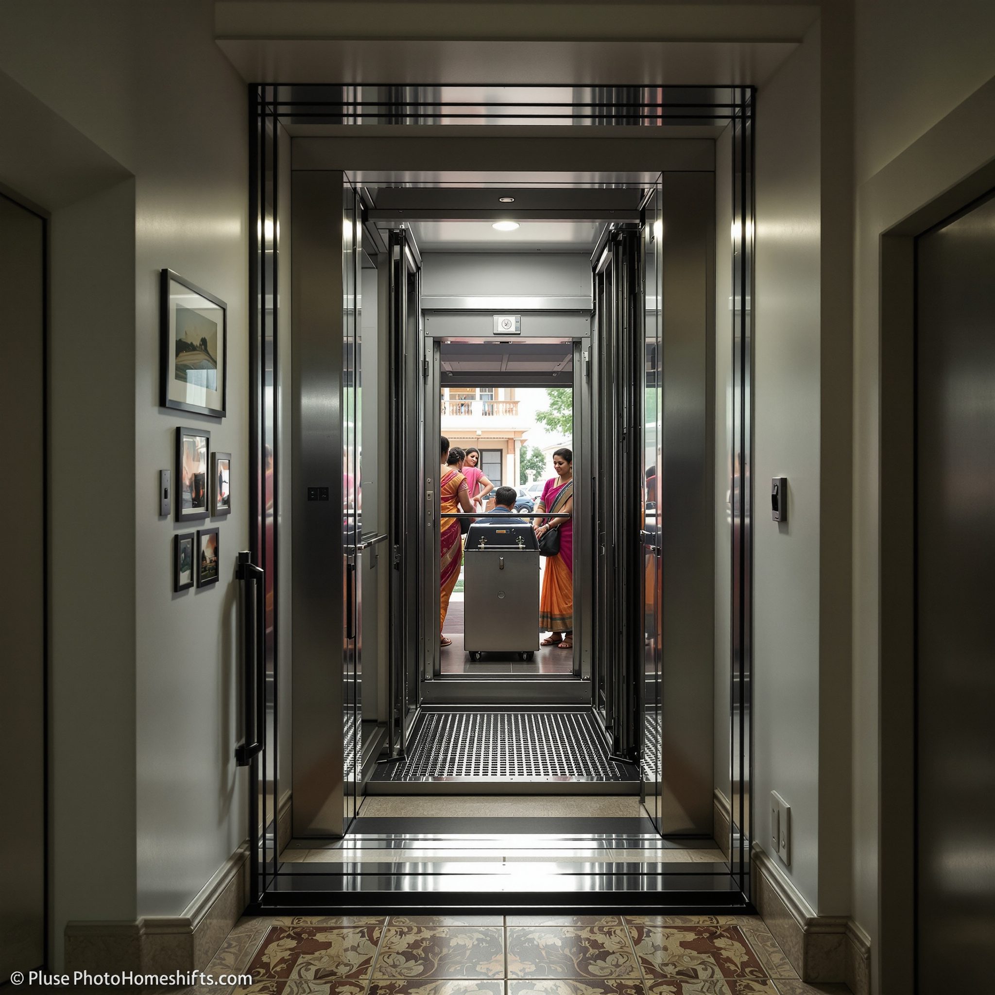 Home lift car inside a hoistway