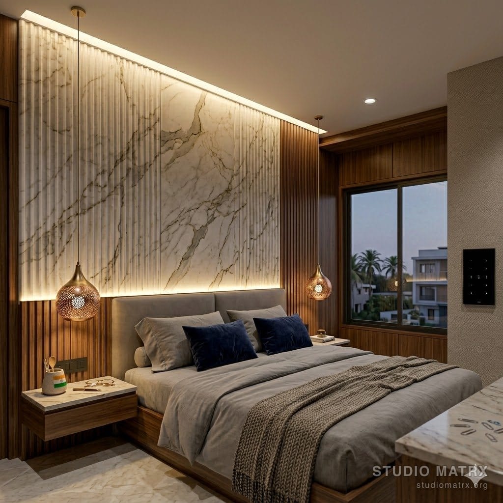 Bedroom accent lighting with wall washer and bedside pendants
