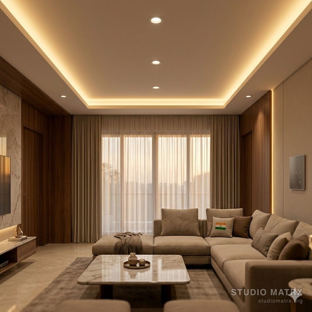 Living room ambient lighting with cove LED + recessed downlights