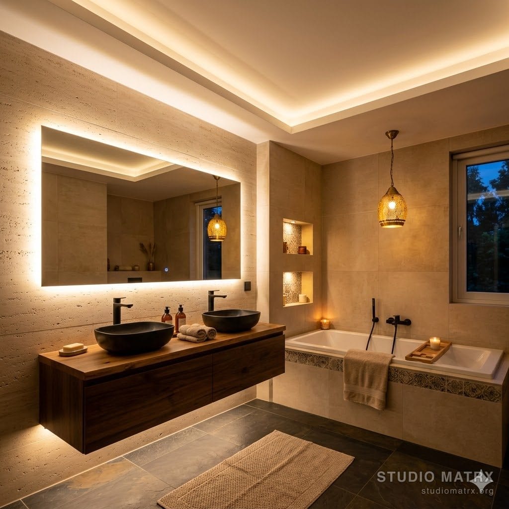 Bathroom mood lighting with backlit mirror and indirect LED