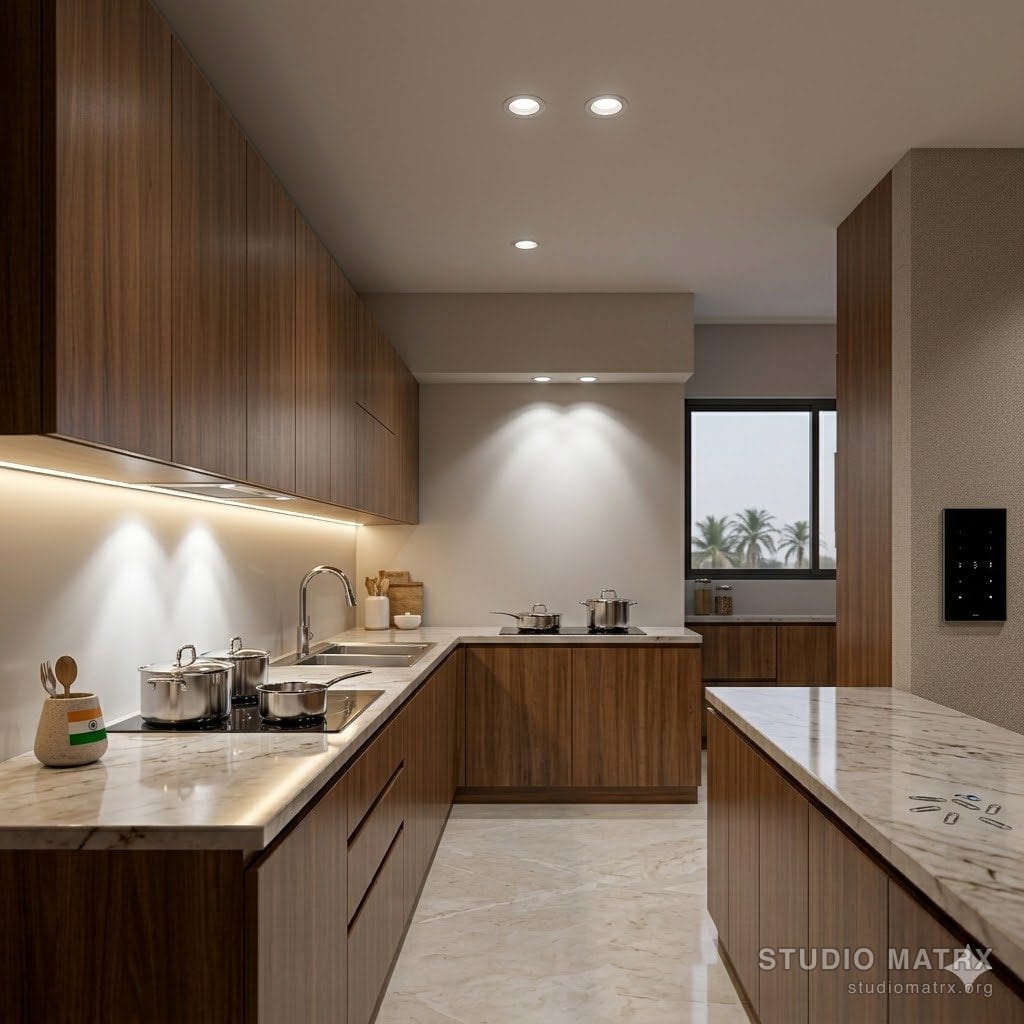Kitchen task lighting under cabinets and over hob