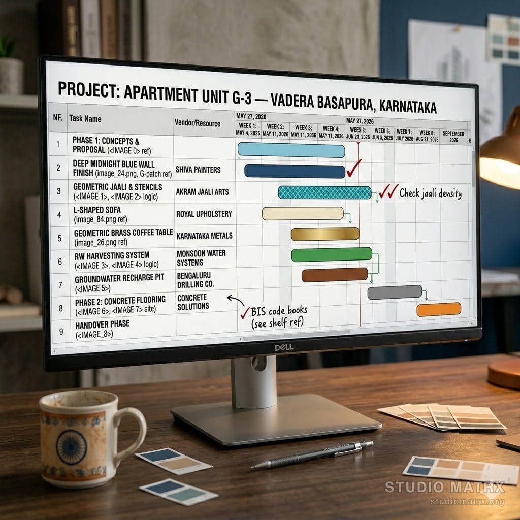Gantt chart on a designer's monitor for an Indian interior project