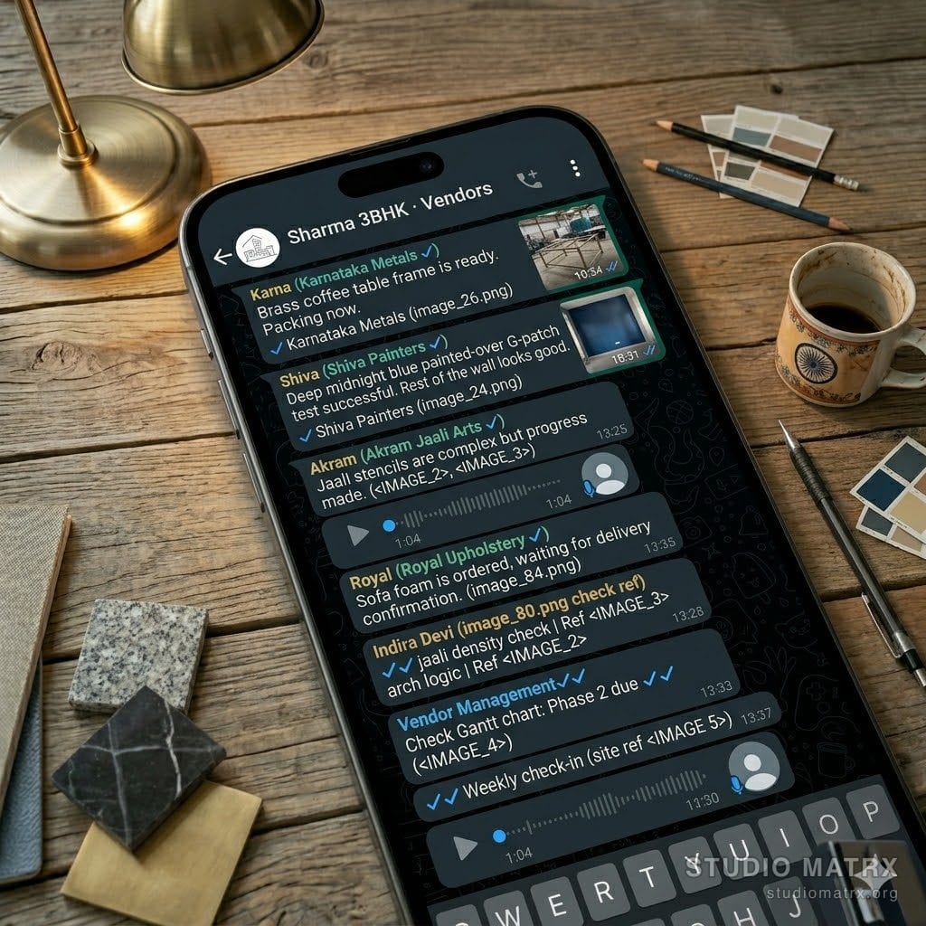 Designer coordinating Indian site vendors on WhatsApp group