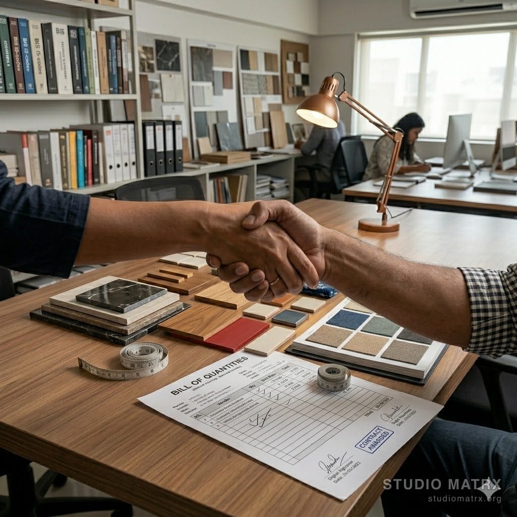 Designer and vendor shaking hands after award